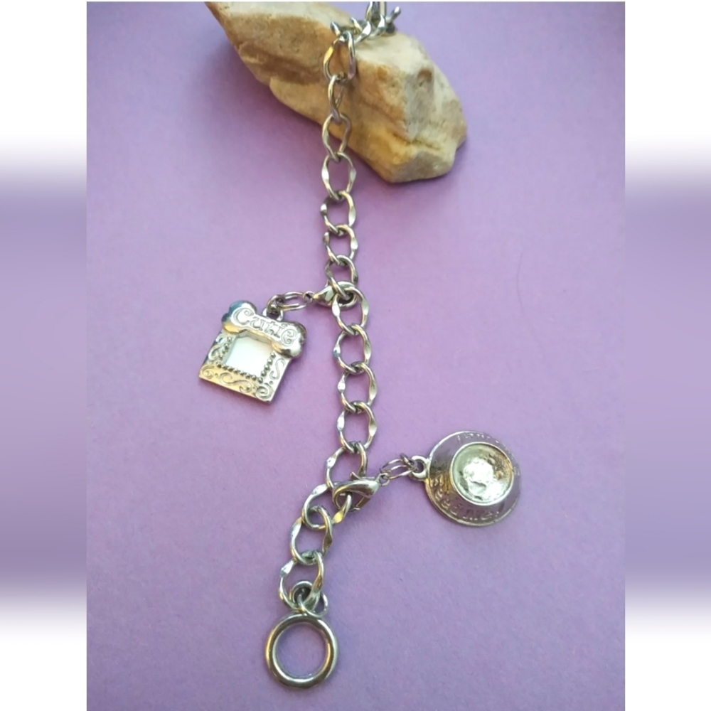 Puppy dog bracelet bowl picture frame charm silverplated toggle clasp